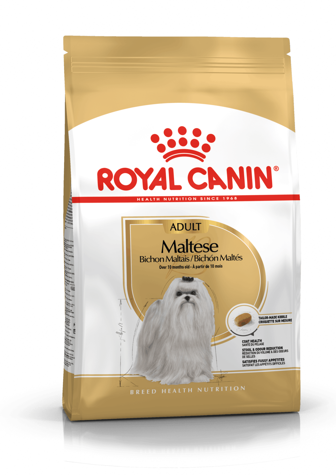 Saco de ração Royal Canin Maltese Adult para cães com design dourado e branco e imagem de cão Maltês
