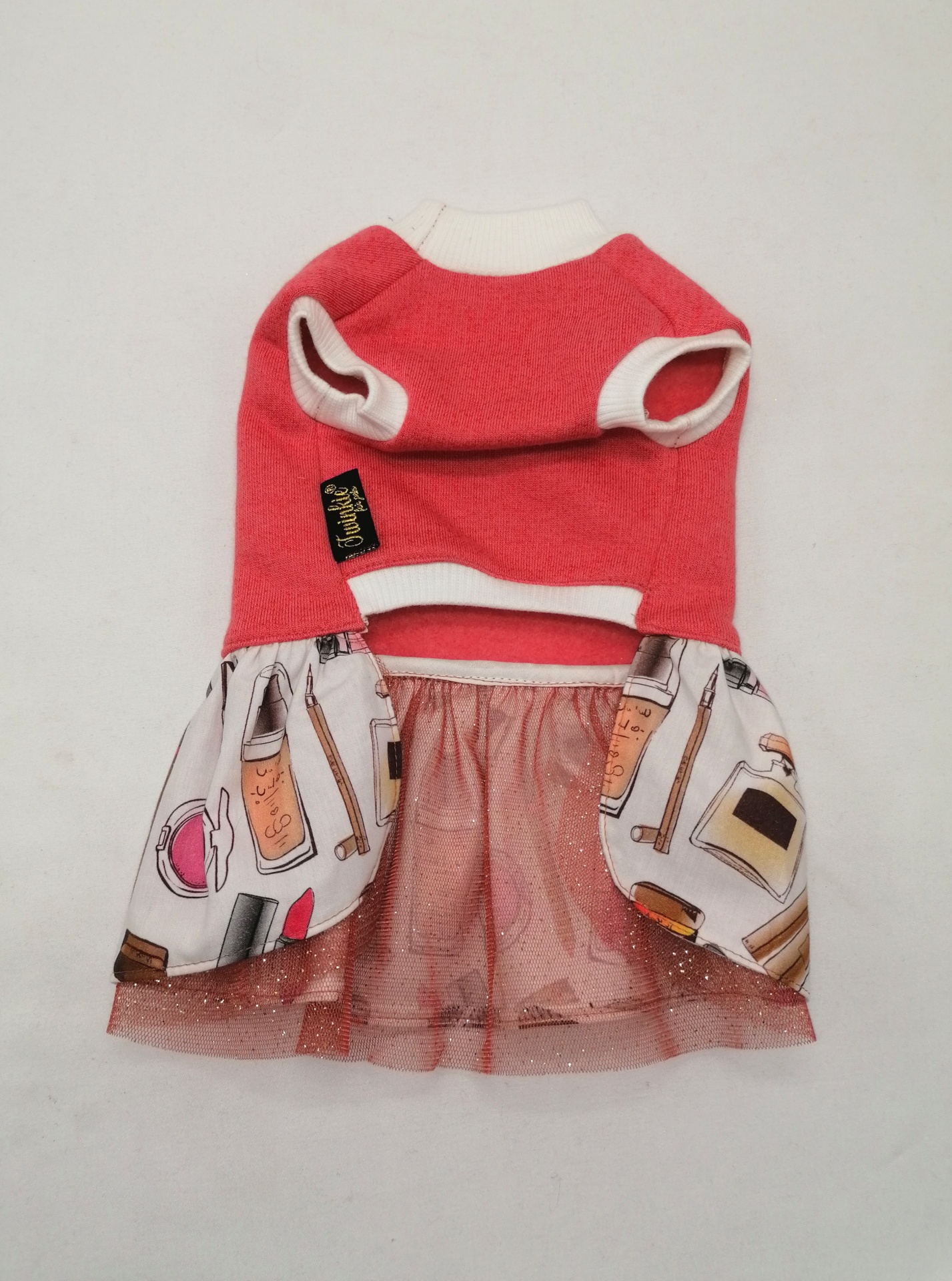 Vestido para cão vermelho com saia estampada e tule rosa brilhante