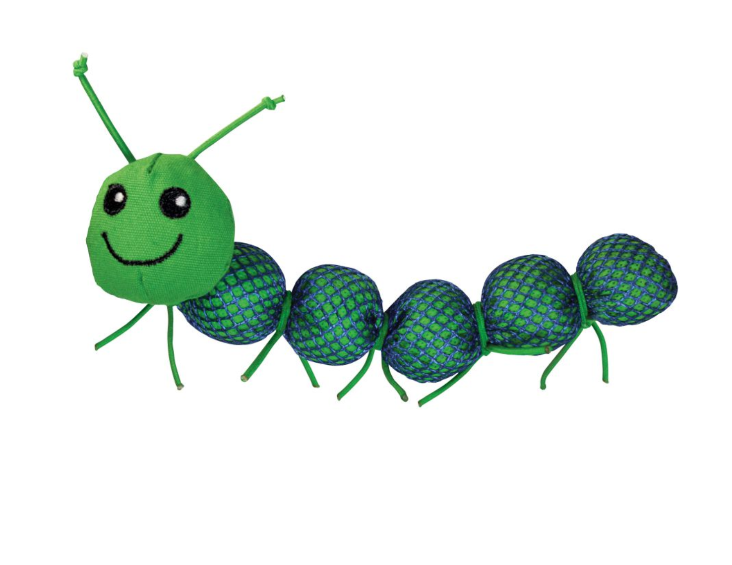 Brinquedo para animais em forma de lagarta verde e azul com padrão de malha