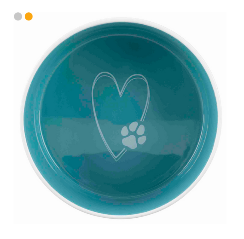 Prato azul turquesa com desenho de coração e pata branca