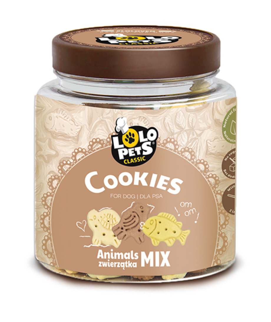 Frasco com biscoitos para cães em formas de animais, rótulo castanho claro