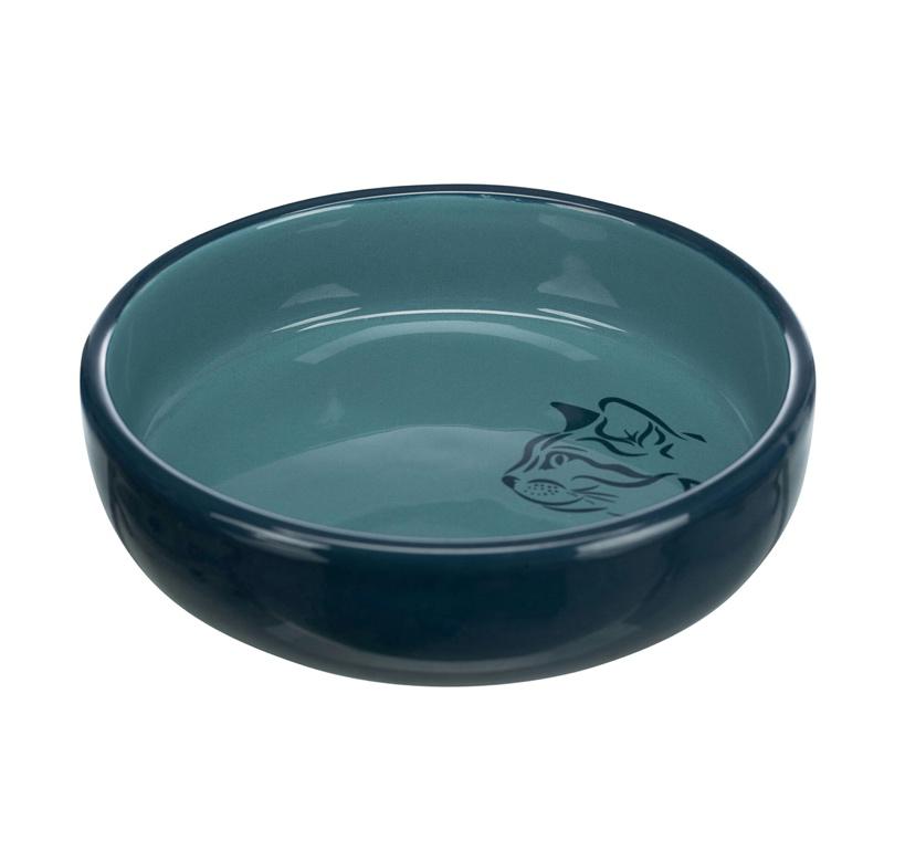 Tigela de cerâmica azul com desenho de rosto de gato no interior