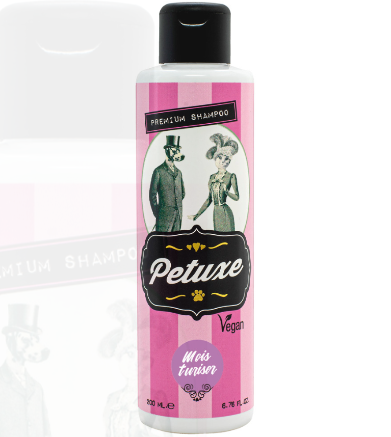 Frasco de champô premium Petuxe rosa e branco com tampa preta e ilustração vintage