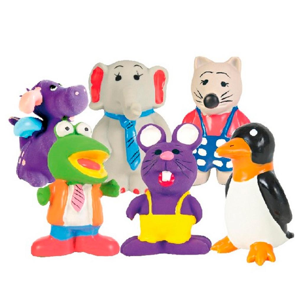 Seis bonecos de animais em plástico colorido