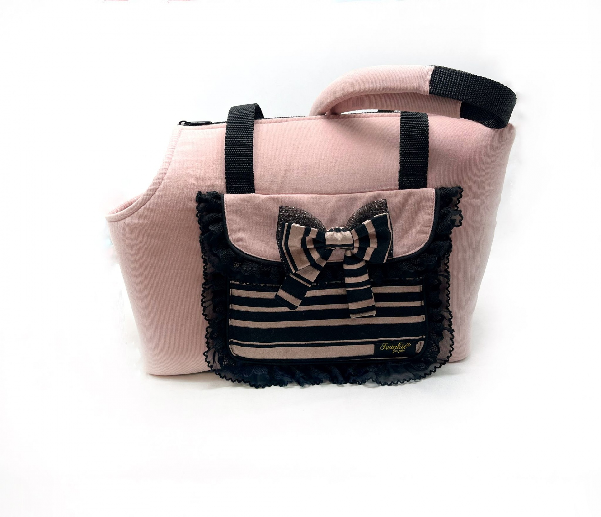 Bolsa de mão rosa com bolso riscado e laço