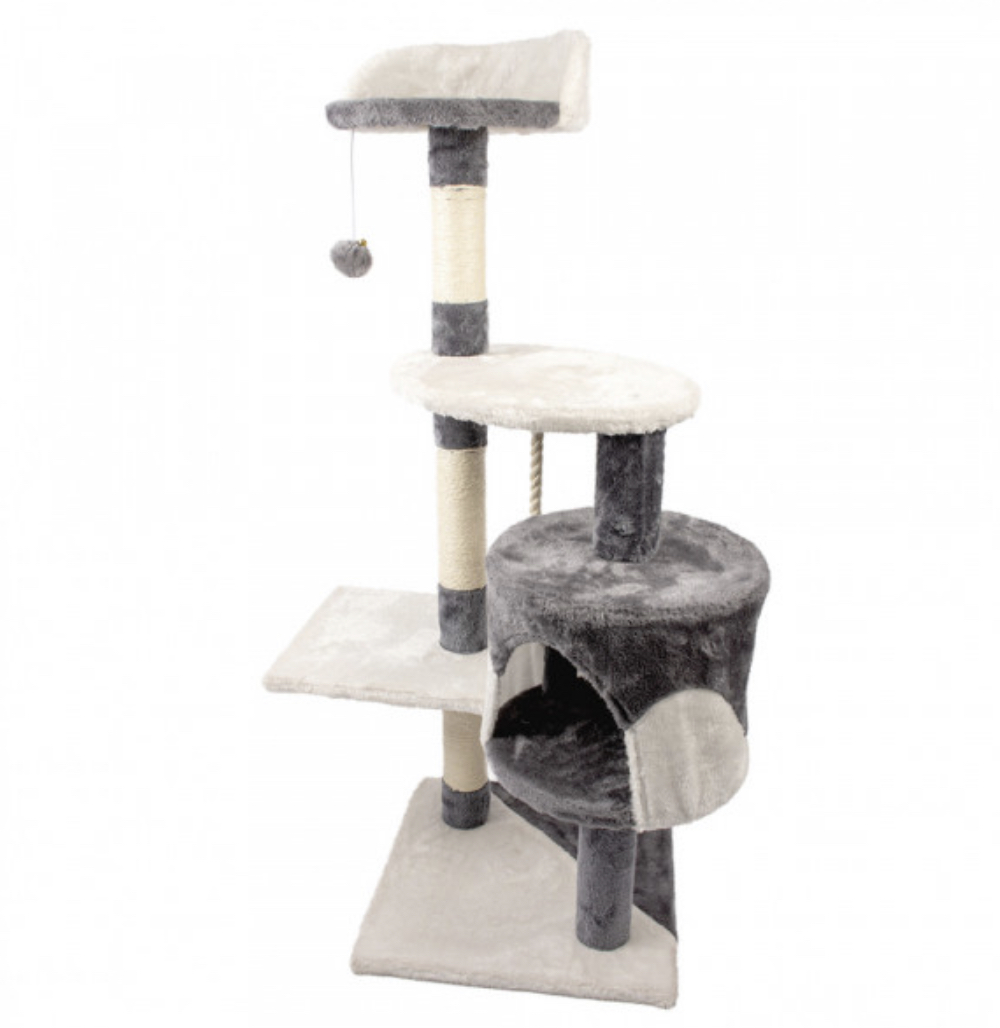 Arranhador para gatos cinza com várias plataformas e abrigo cilíndrico