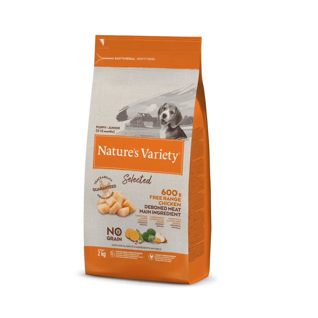 Saco de ração para cães Nature's Variety Selected com texto e imagens de cachorro e frango