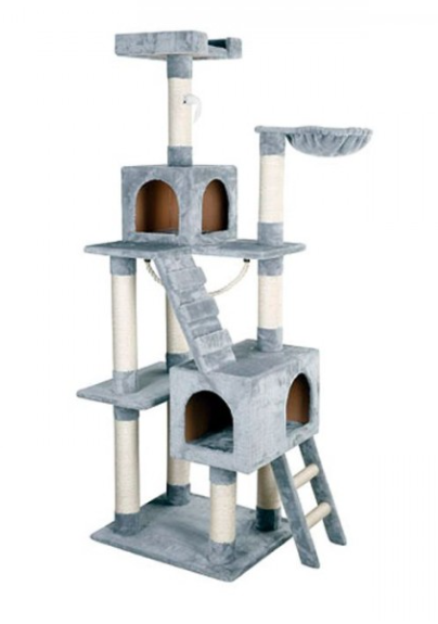 Torre de arranhador cinza para gatos com plataformas, casinhas e escadas