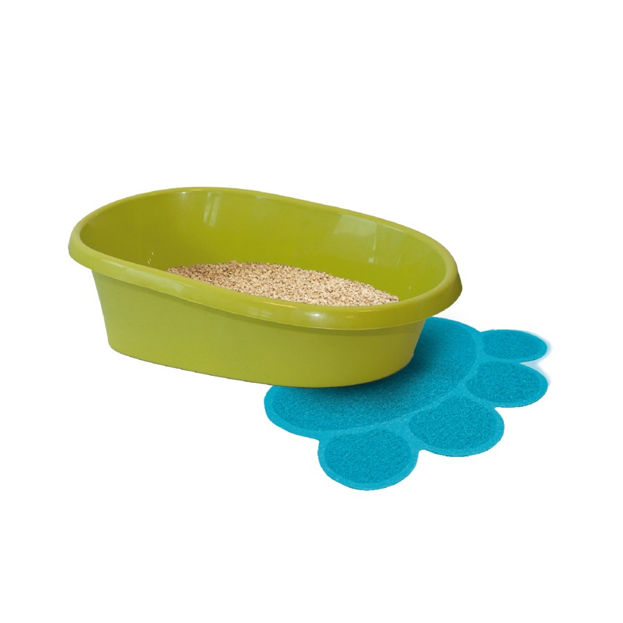 Banheira para gatos verde com areia e tapete azul em forma de pata