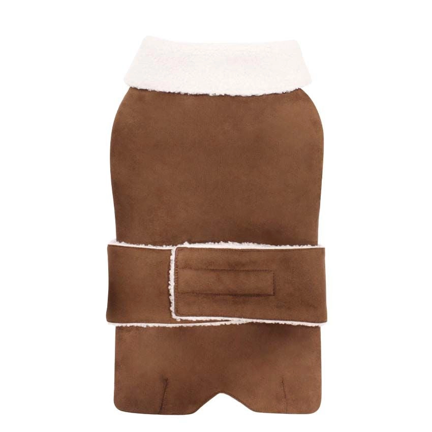 Casaco castanho para cão com gola branca felpuda e faixa larga para ajuste