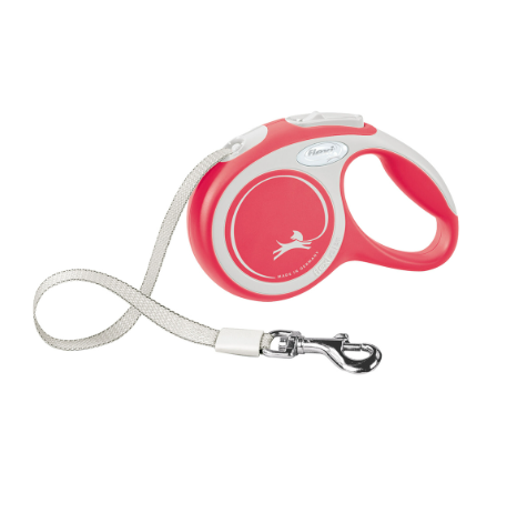 Trela retrátil para cão vermelha com gancho metálico e botão de travão