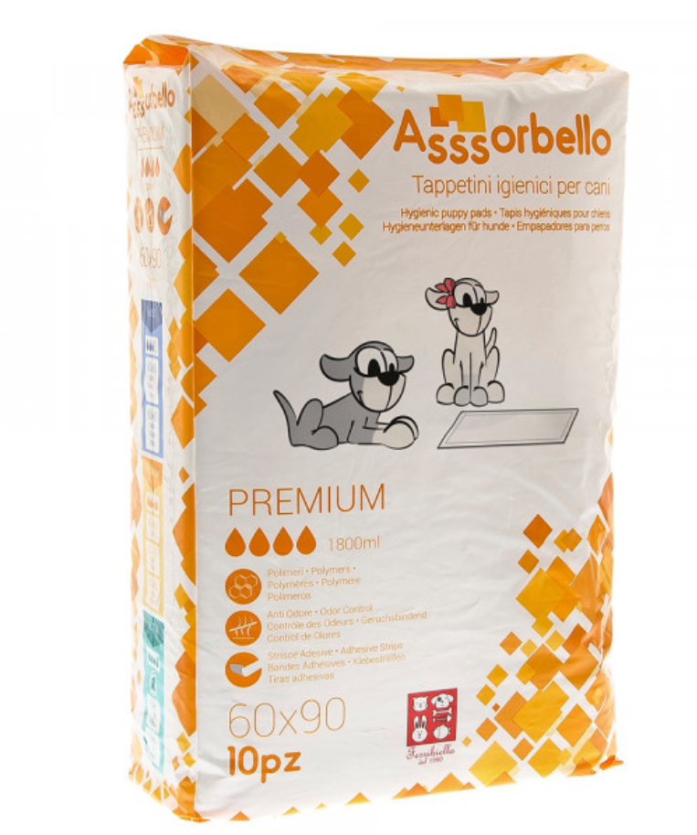 Embalagem branca e laranja de tapetes higiénicos para cães Asssorbello