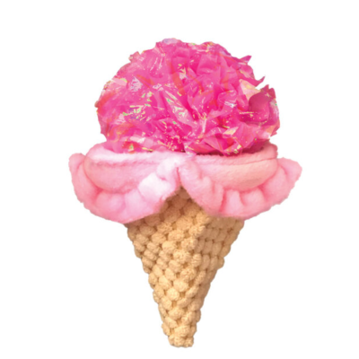 Brinquedo em forma de gelado com cone bege e bolas rosas de texturas distintas