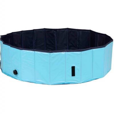 Piscina desmontável azul claro e preta circular em fundo branco