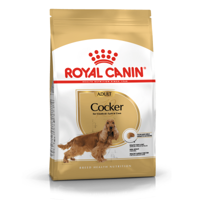 Embalagem de ração Royal Canin Adult Cocker com imagem de cão Cocker Spaniel