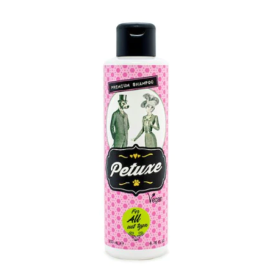 Frasco de shampoo Petuxe com tampa preta e rótulo rosa com design vintage
