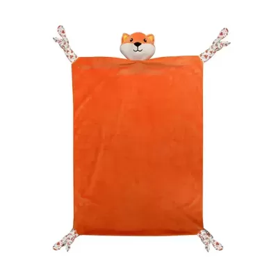 Manta laranja com boneco de raposa e pontas com nós em tecido branco decorado