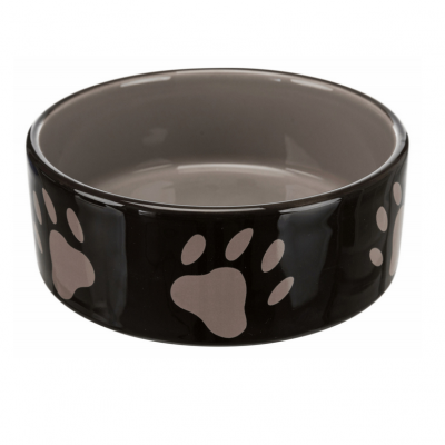 Tigela de cerâmica preta para animais com pegadas cor de rosa