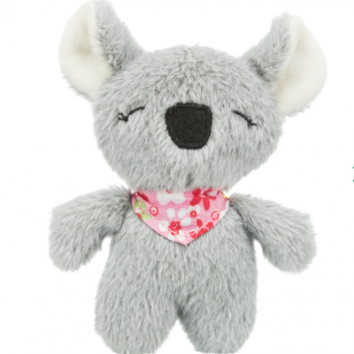 Pelúcia de coala cinzenta com cachecol rosa com padrão floral