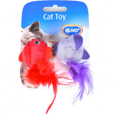 Brinquedo para gato Duvo com dois ratos de peluche coloridos e penas, em cartão azul