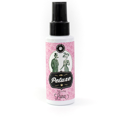 Frasco de perfume Petuxe Luna com rótulo rosa e dispensador preto