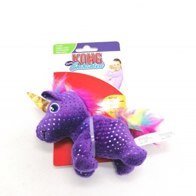 Pelúcia unicórnio roxo com pontos brilhantes e crina colorida na embalagem Baby KONG Enchanted