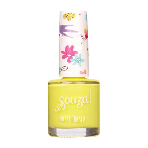 Frasco de verniz de unhas amarelo com tampa decorada com flores coloridas