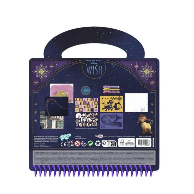 Estojo azul escuro com alça, decorado com estrelas e acessórios para pintura