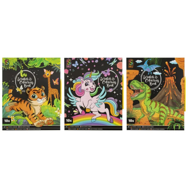 Três cadernos infantis de atividades com desenhos coloridos de animais e texto 'Scratch & Coloring Book'