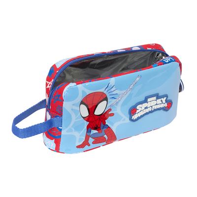 Necessaire azul com Homem-Aranha e texto 'MARVEL SPIDEY AND HIS AMAZING FRIENDS'