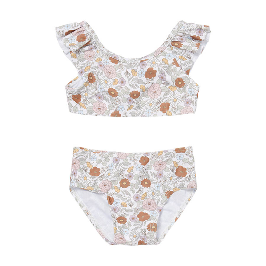 conjunto de biquíni infantil branco com padrão floral castanho e rosa, top com folhos e cueca