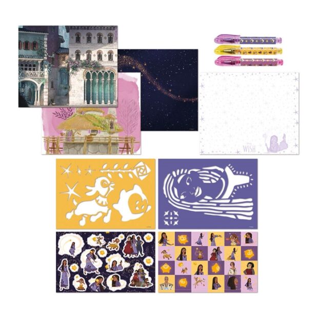 Conjunto de papelaria colorida com desenhos variados e canetas assortidas