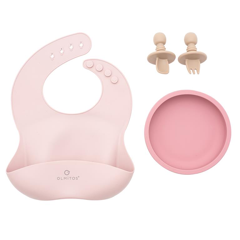Conjunto rosa de babete, chupetas e prato de silicone para bebé