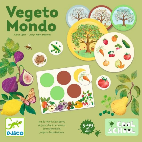 Cartas de jogo educativas com frutas, legumes e árvores, marcas DJECO e COOL SCHOOL