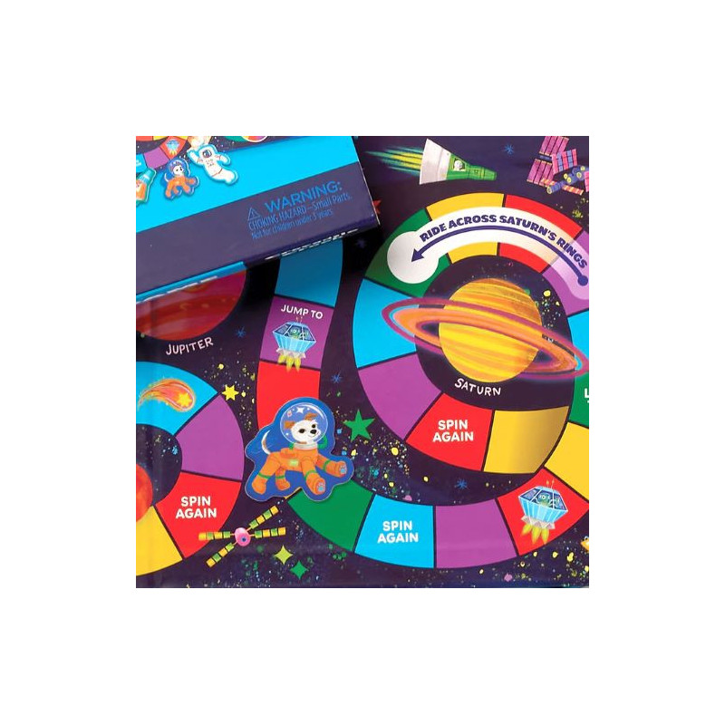 Jogo de tabuleiro colorido com tema do espaço e astronauta.