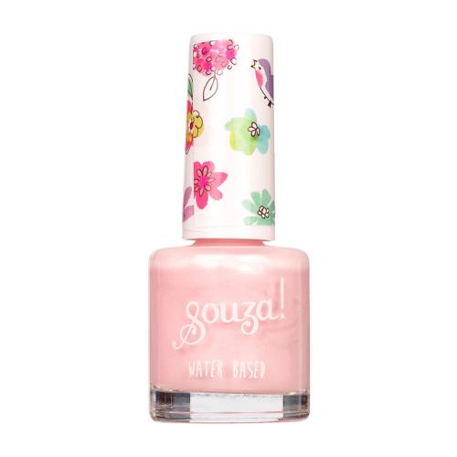 Verniz de unhas rosa com tampa estampada floral e texto Souza! WATER BASED