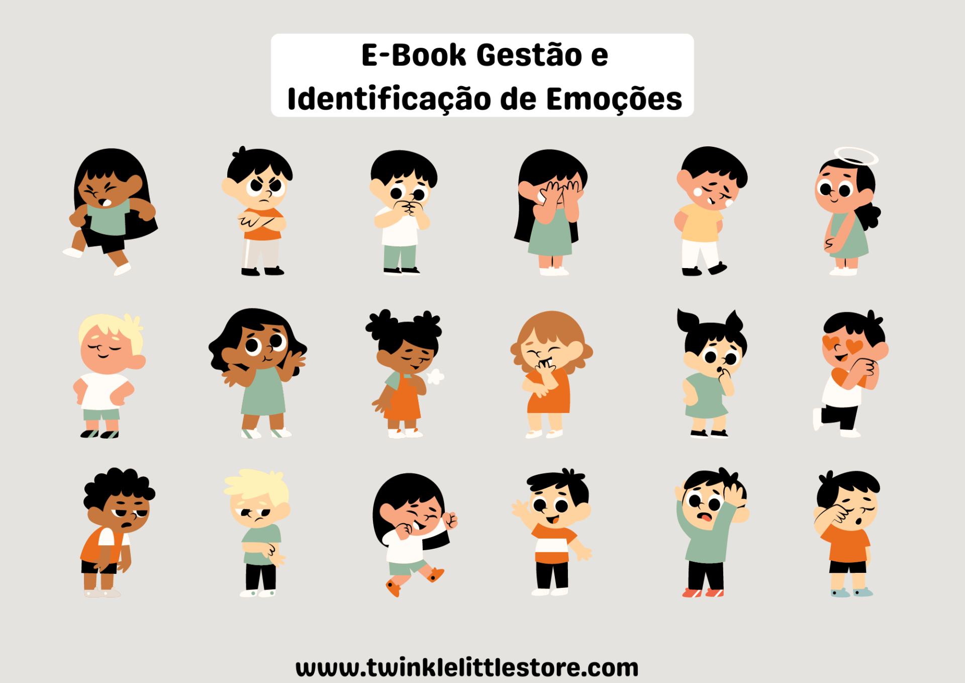 Ilustração de crianças com diferentes expressões e texto sobre e-book de gestão de emoções.