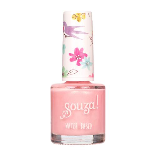 Verniz de unhas rosa com tampa decorada com flores e pássaros