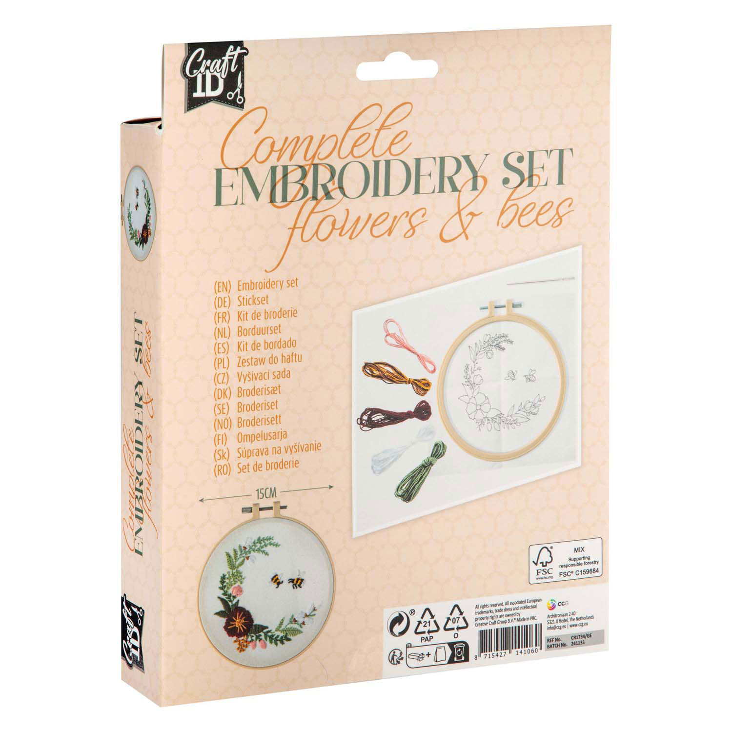 Embroidery set packaging with floral and bee embroidery design