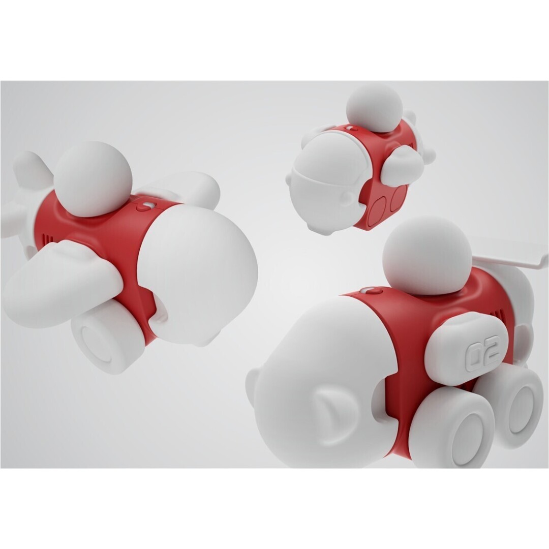 Modelos brinquedo futuristas em branco e vermelho com formas arredondadas