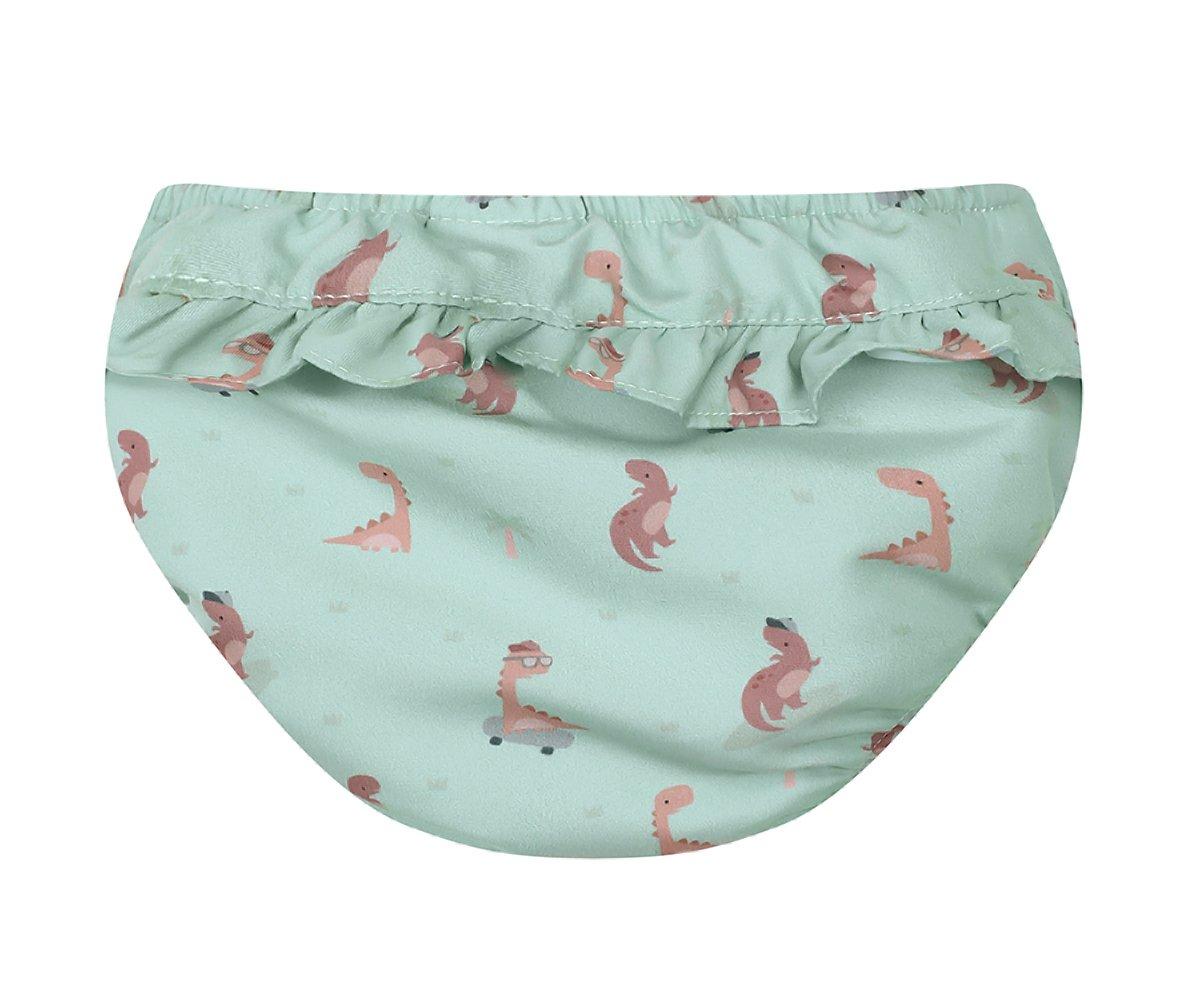 Cueca para bebé azul claro com padrão de dinossauros cor-de-rosa e folho na cintura