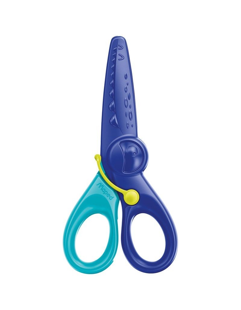 Tesoura para recorte com lâmina de plástico azul escuro e pega azul turquesa e amarelo