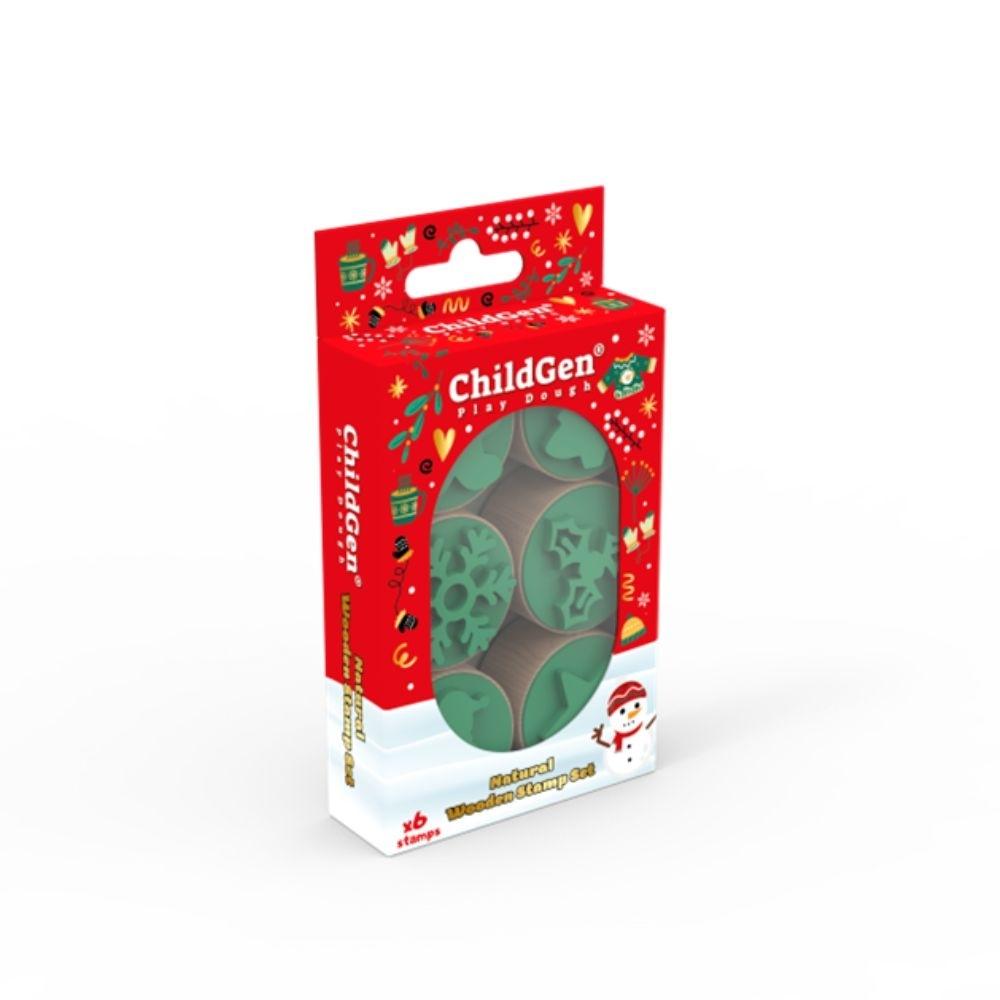 Conjunto de carimbos natalícios verdes em embalagem vermelha e branca