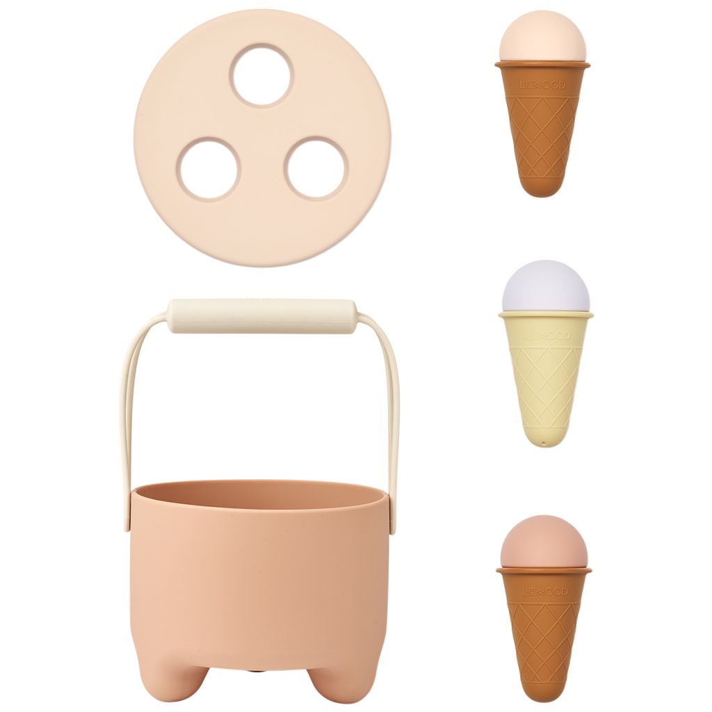 Brinquedo de cozinha infantil com balde rosa claro e três juguetes em forma de gelado