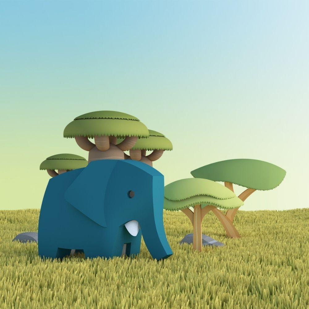 Figura decorativa de elefante azul low-poly em campo de relva com árvores verdes