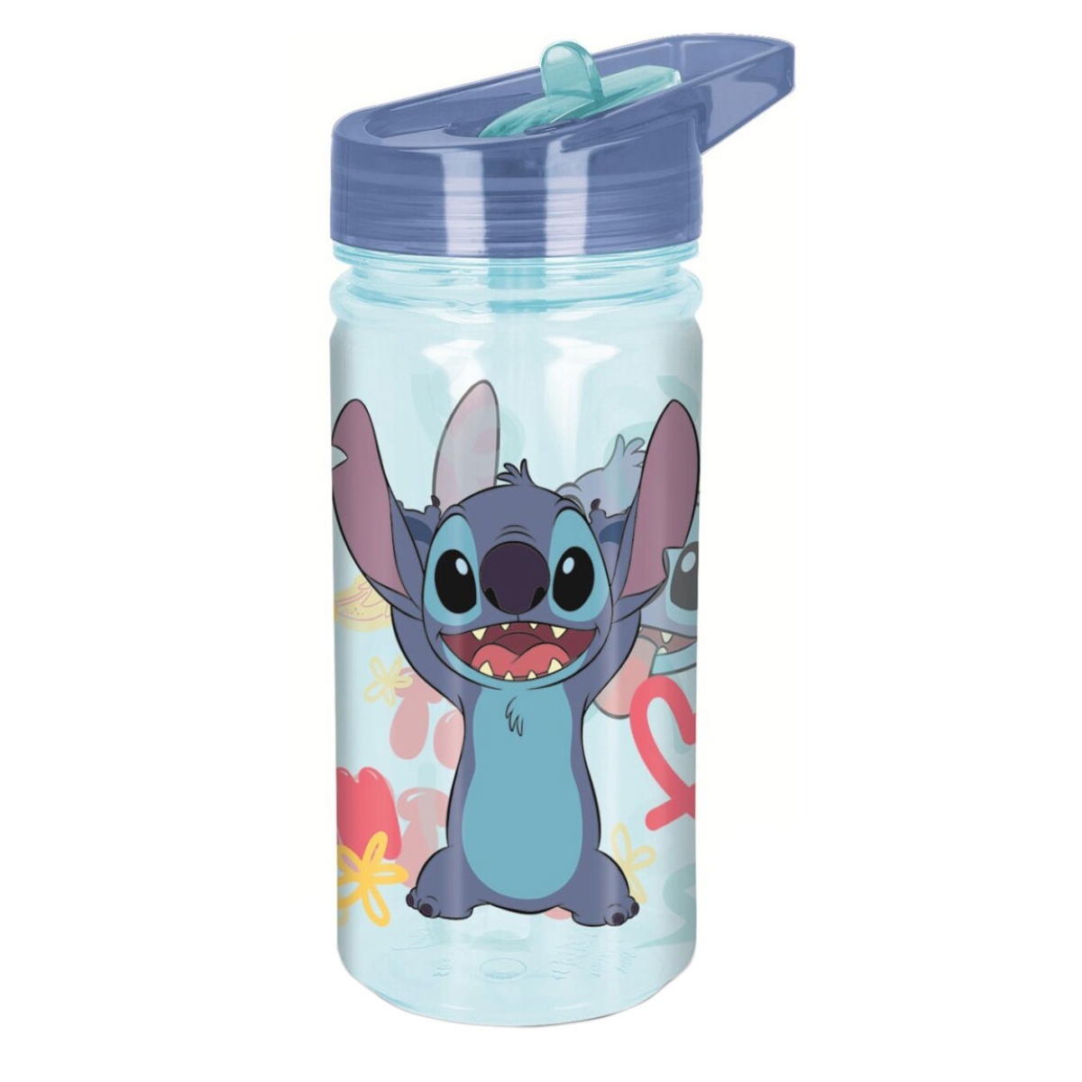 Garrafa de plástico com tampa azul e imagem do Stitch
