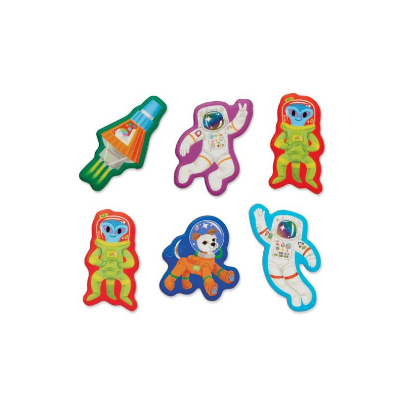 Cinco autocolantes de astronautas e foguete com bordas coloridas
