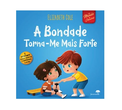 Capa de livro infantil com ilustração de duas crianças e texto em fundo azul