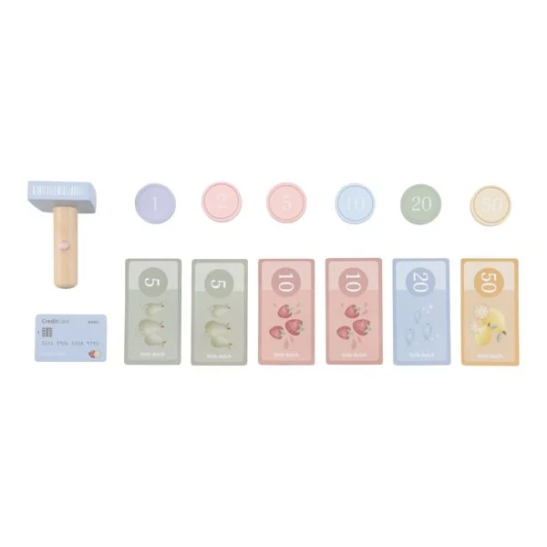 Brinquedo de martelo e moedas e notas coloridas em plástico