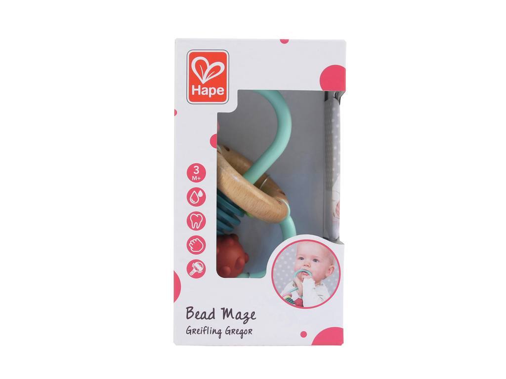 Embalagem de brinquedo Bead Maze da Hape, caixa branca com pormenores cor de rosa e janela transparente mostrando brinquedo colorido